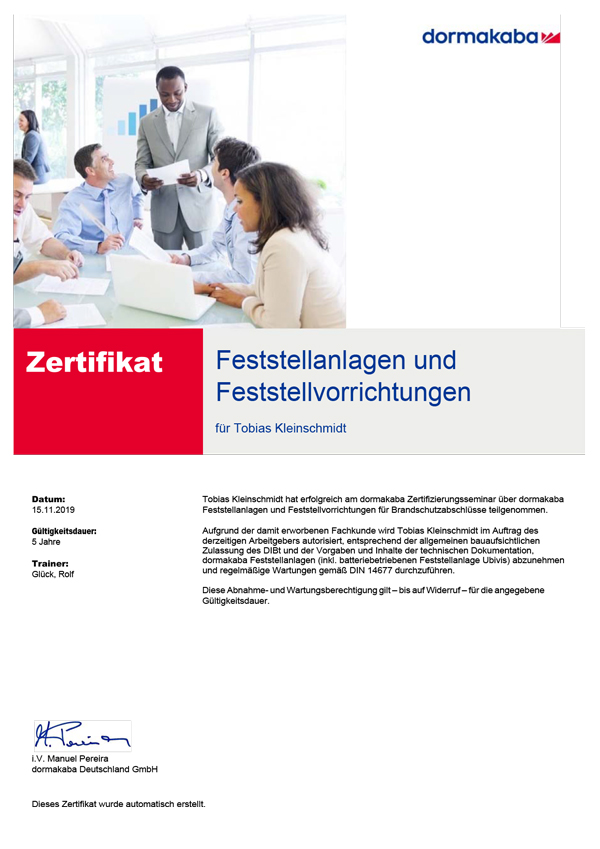 Zertifikat Feststellanlagen und Feststellvorrichtungen