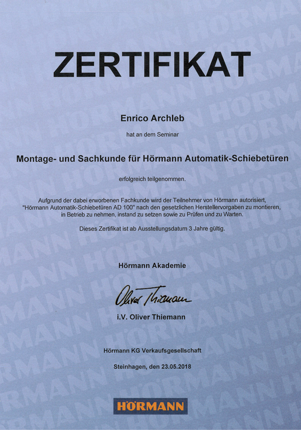 Zertifikat Montage- und Sachkunde für Hörmann Automatik-Schiebetüren
