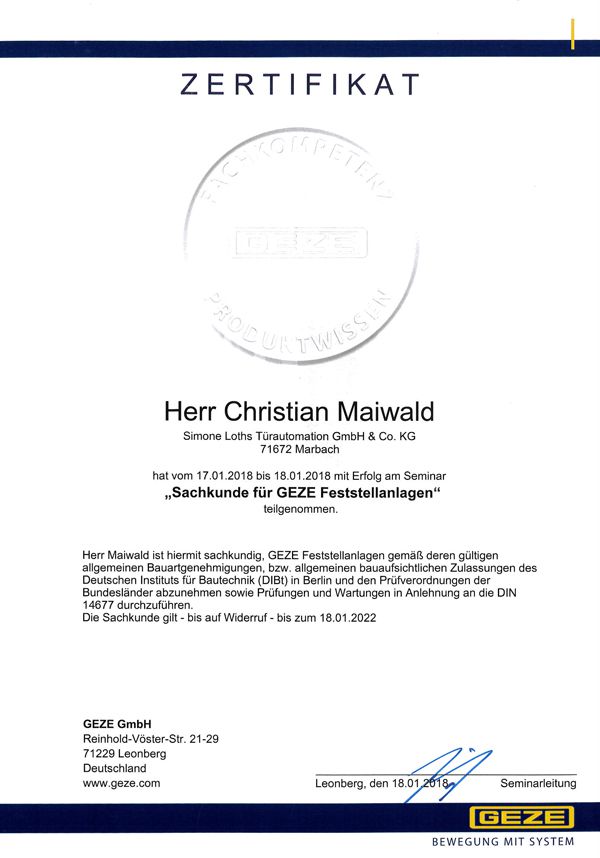 Zertifikat "Sachkunde für GEZE Feststellanlagen"