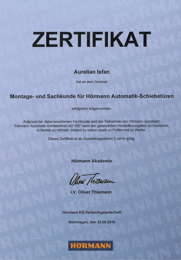 Zertifikat Montage- und Sachkunde für Hörmann Automatik-Schiebetüren