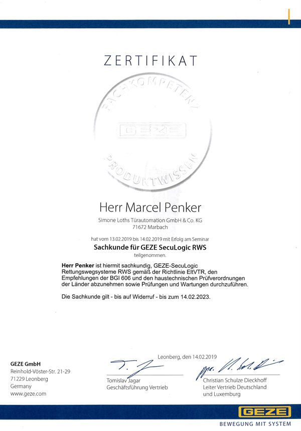 Zertifikat "Sachkunde für GEZE SecuLogic RWS"
